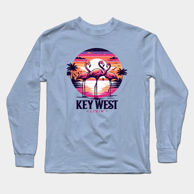 Key West Livin' - Tropical Flamingo Night Scene In Key West Long Sleeve T-Shirt by eighttwentythreetees